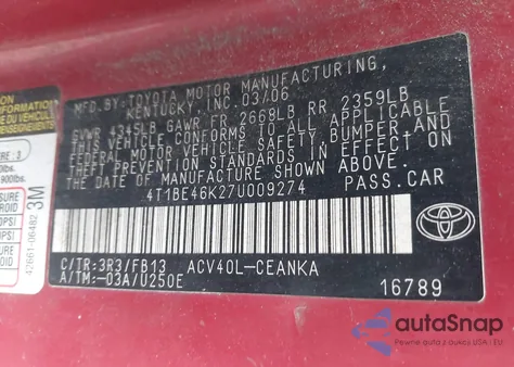 2007 Toyota Camry Le from USA, damaged, VIN 4T1BE46K27U009274